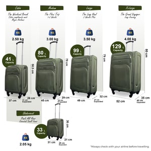 Soft Shell Lightweight Khaki Nylon Suitcase Set 4 Wheel Travel Case Holiday Bags