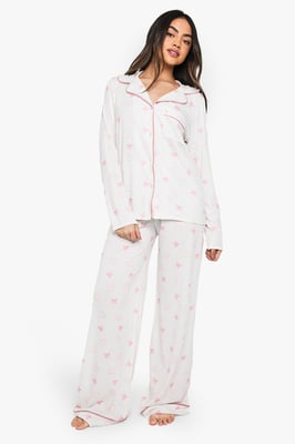 Bow Print Piping Detail Long Sleeve Shirt & Trousers Pyjama Set