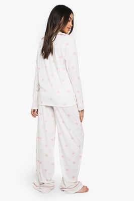 Bow Print Piping Detail Long Sleeve Shirt & Trousers Pyjama Set
