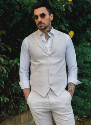 Heren Zomer 2-delig Pak Linnen Formeel Crème Beige Vest Broek