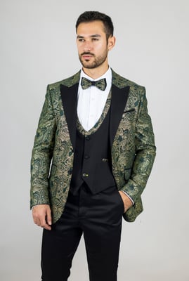 Men's 4 Piece Green Paisley Wedding Suit Tailor Fit