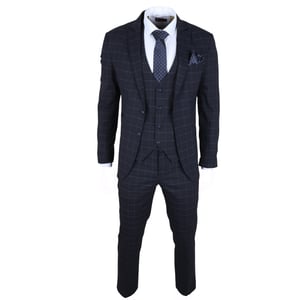 Heren Navy Geruit 3-delig Pak Slim Fit