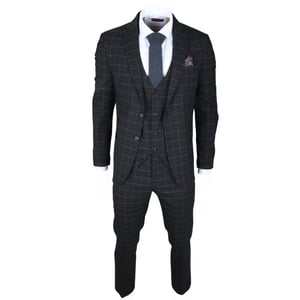 Men's Black Checked 3 Piece Suit Tailored Fit