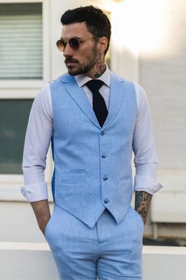 Heren Zomer 2-delige Pak Linnen Formeel Blauwe Vest Broek