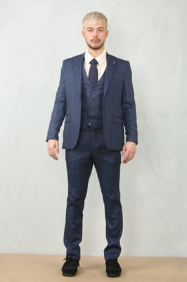 Men's 3 Piece Prince Of Wales Blue Suit Workwear