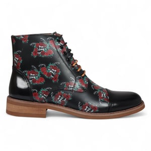 Justin Reess Heren Zwarte Oxford Enkellaarsjes van Leer met Bloemenprint - Adam Skull