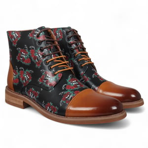 Justin Reess Heren Bruine Oxford Enkellaarsjes van Leer met Bloemenprint - Adam Skull