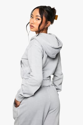 Washed Exposed Seam Shrunken Zip Through Hoodie