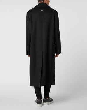 Fiskbensmönstrad ulldubbelknäppt lång kappa