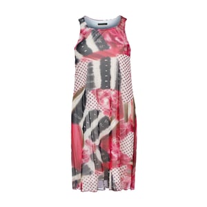 Mouwloze midi-jurk – abstracte rode print, transparant nylon mesh, volledig gevoerd met katoen