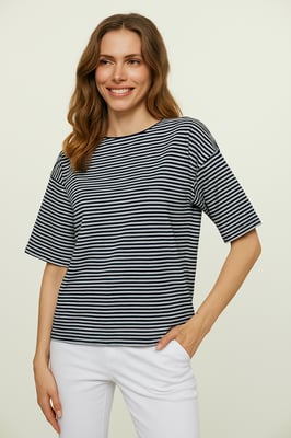 Gestreepte oversized top van viscose-elastaan ​​met ellebooglange mouwen