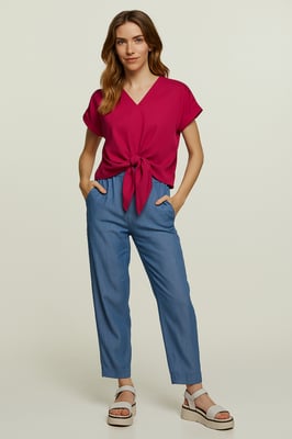 Blouse met gestrikte voorkant in fuchsia – 100% viscose-voile