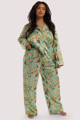 Playful Promises Bodil Jane Nudes And Flowers Drop Hem Recycled Satin Long Sleeve Pj Top