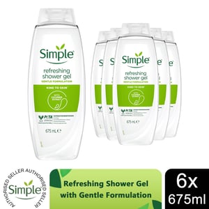 Simple Kind To Skin Refreshing Shower Gel With Gentle Formulation 675ml, 6 Pack