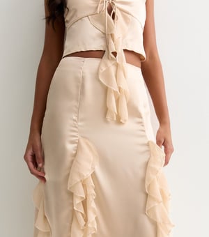 Champagne Satin Ruffle Maxi Kjol