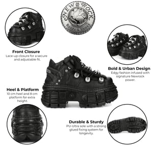 New Rock M-OVERZ106B-C1 Metallic Chunky Zwarte Leren Gothic Enkellaarsjes