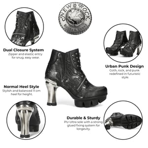 New Rock Dames NEOPUNK001-C19 Zwarte Gothic Punk Leren Enkellaarsjes met Hak