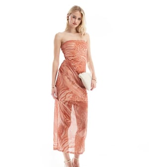 ASOS DESIGN Tall bandeau midi dress with drape mesh bodice in orange animal print-Multi