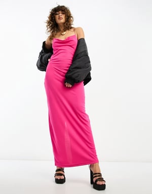 Only cowl neck midi dress in fuchsia pink