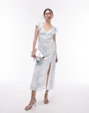 Topshop ruffle sleeve maxi slit front occasion dress in blue print-Multi