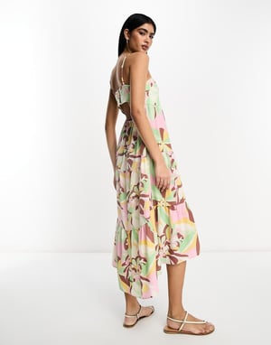 ASOS DESIGN open back tiered hi low hem maxi dress in brown floral print-Multi