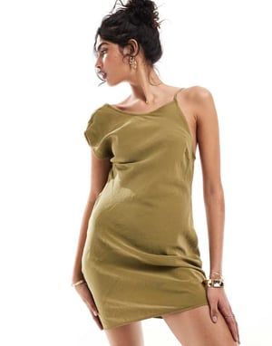 ASOS DESIGN one shoulder mini dress with back bra detail in khaki-Green