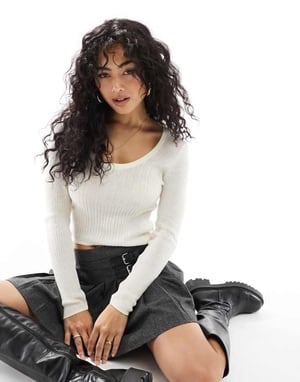ASOS DESIGN knitted scoop neck top in stone-Neutral