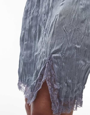 Topshop crinkle mini skirt with knicker trim and lace split in airforce blue