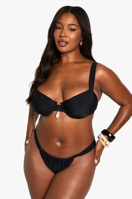 Plus Shell Trim Ruched Tanga Bikini Bottoms