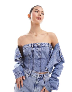 Miss Selfridge denim bandeau top in mid wash-Blue