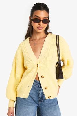 Balloon Sleeve Button Through Rib Cardigan