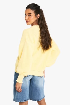 Balloon Sleeve Button Through Rib Cardigan