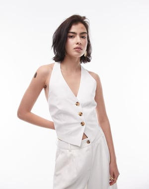 Topshop co-ord halterneck back tab waistcoat in ecru-White
