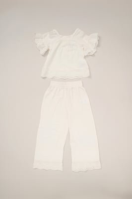 Broderie Top and Wide Leg Trouser Outfit Set