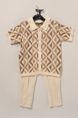 True Knit Patterned Polo Shirt and Pique Trouser Outfit Set