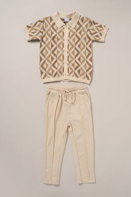 True Knit Patterned Polo Shirt and Pique Trouser Outfit Set
