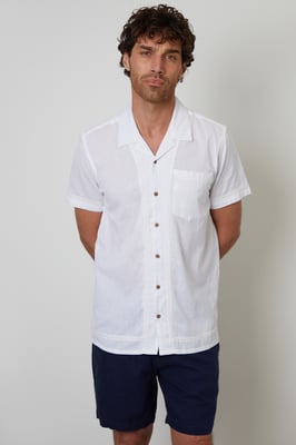 White Cotton Crochet Lace Short Sleeve Shirt With Linen