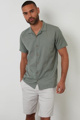 Pale Green Linen Blend Palm Embroidered Short Sleeve Shirt