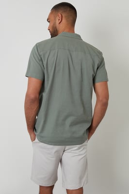 Pale Green Linen Blend Palm Embroidered Short Sleeve Shirt