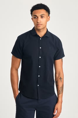 Navy Linen Short Sleeve Logo Shirt