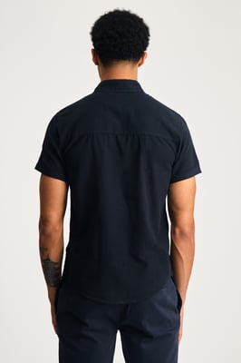 Navy Linen Short Sleeve Logo Shirt