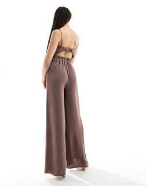 ASOS DESIGN Tall high neck twist front jumpsuit in chocolate-Purple