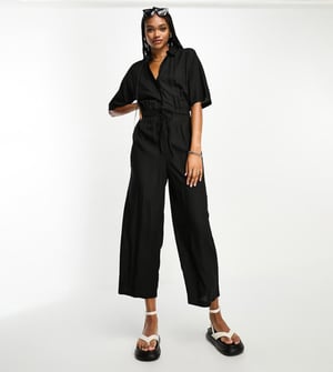 ASOS DESIGN Tall oversized tie waist shirt jumpsuit in black