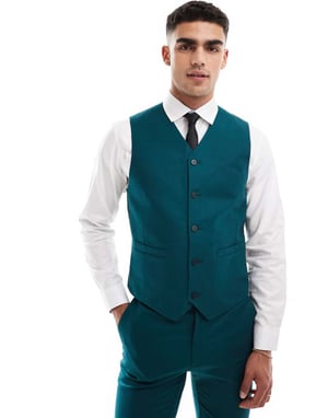 ASOS DESIGN skinny with linen suit waistcoat in teal green