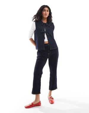 ASOS DESIGN denim waistcoat with ties in indigo-Blue