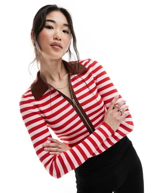 ASOS DESIGN knitted zip through top in pink and red stripe-Multi