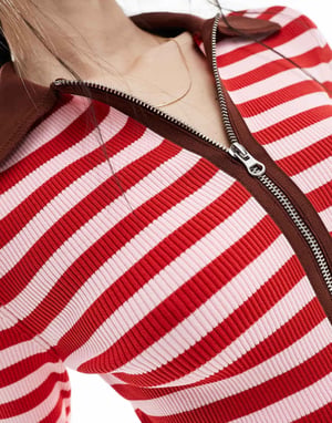 ASOS DESIGN knitted zip through top in pink and red stripe-Multi