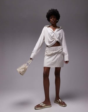 Topshop co-ord knot drape mini skirt in textured natural stripe-Neutral
