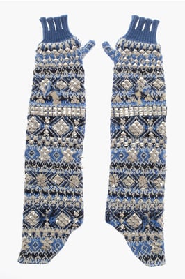 Stickade fingerlösa varma handskar med nitar i Azzurro, Bianco, Blå, Flerfärgad