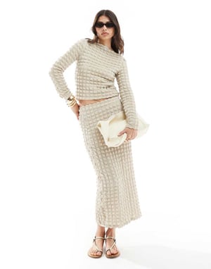 Vero Moda textured midi skirt co-ord in beige-Neutral
